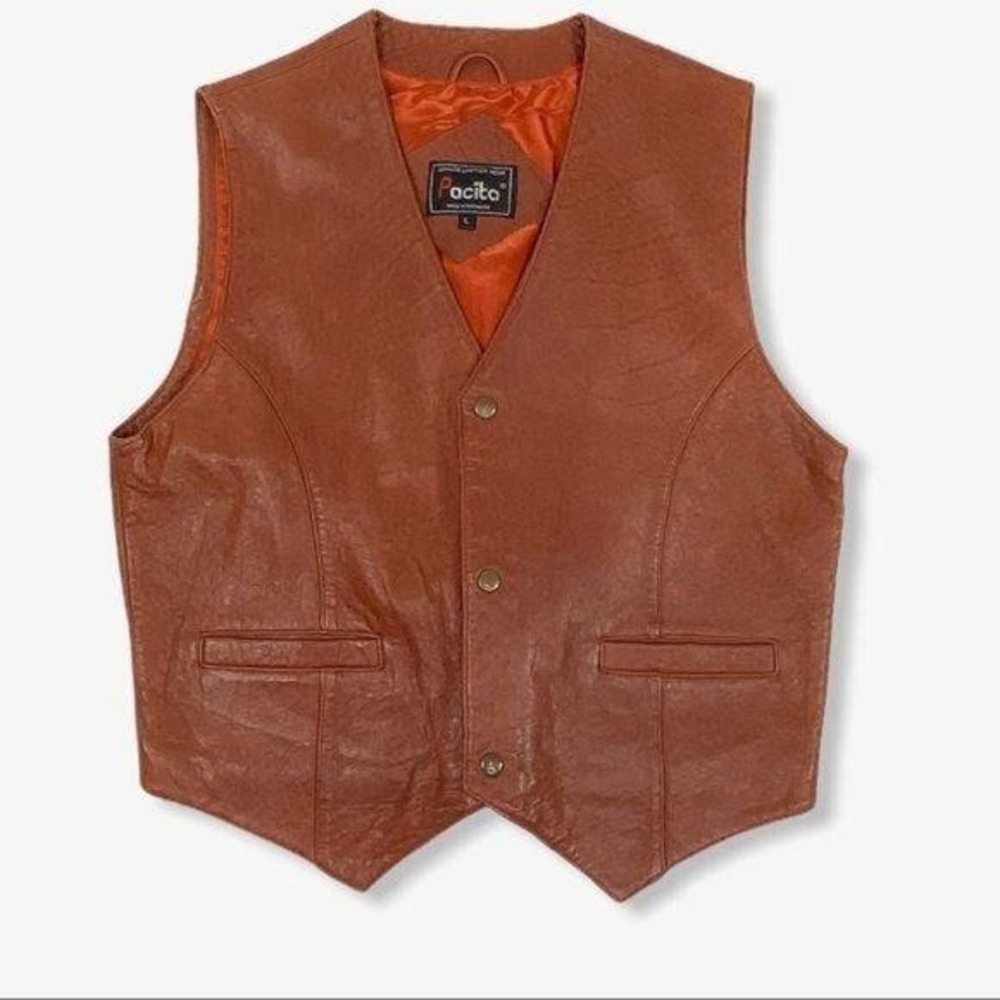 PACITA Vintage Brown Leather‎ Vest L Western Biker Cowboy Snap Button Lined